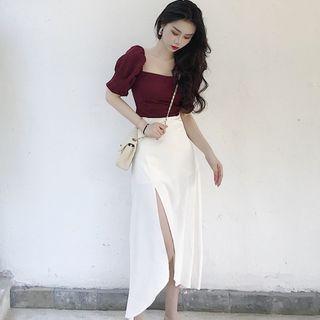 Short-sleeve Square-neck Blouse / Plain Midi Skirt