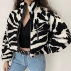 Stand-collar Fleece Zebra Pattern Jacket