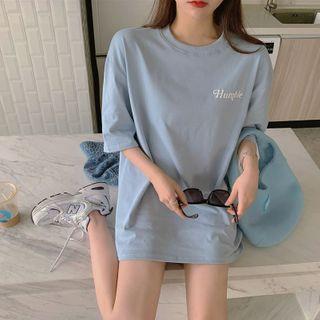 Elbow-sleeve Lettering Print T-shirt Blue - One Size
