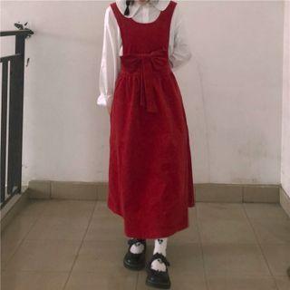 Plain Corduroy Bow Jumper Skirt