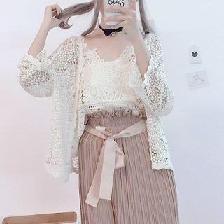 Pleated Wide Leg Pants / Crochet Jacket / Lace Camisole Top