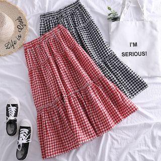 Check Midi A-line Skirt Red - One Size