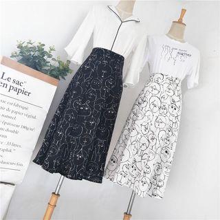 Face Print Chiffon A-line Midi Skirt