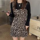 Plain Long-sleeve T-shirt / Leopard Print Mini Pinafore Dress