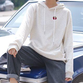 Strawberry Embroidered Hoodie Gray Beige - One Size