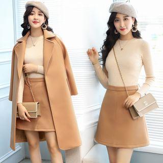 Set: Tie-waist Woolen Coat + Woolen A-line Skirt