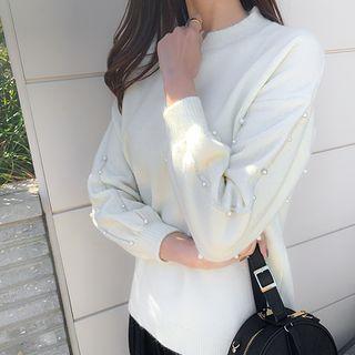 Bishop-sleeve Faux-pearl Trim Knit Top