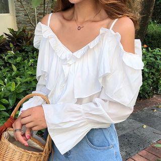 Cold-shoulder Ruffled Chiffon Blouse