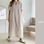 Mandarin-collar Stripe Long Dress Beige - One Size