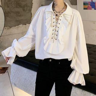 Lace-up Ruffled Flared-cuff Shirt