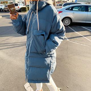 Funnel-neck Flap-pocket Puffer Coat Sky Blue - One Size