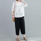 Set : Embroidered Round-neck Short-sleeve T Shirt + Cropped Pants