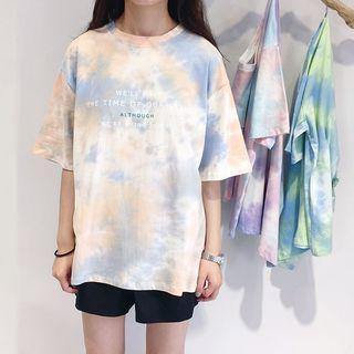 Elbow-sleeve Tie-dye Letter T-shirt