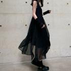 Square-neck Sleeveless Midi A-line Dress Black - One Size
