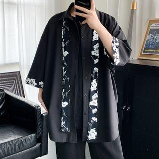 3/4 Sleeve Floral Trim Oversized Shirt With Tie