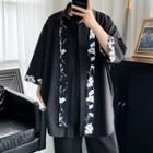 3/4 Sleeve Floral Trim Oversized Shirt With Tie