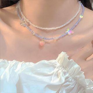 Butterfly Faux Crystal Layered Necklace Pink & White - One Size