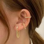 Set Of 3: Metal Ear Cuff + Earring Set Of 3 - Clip On Earring - Zircon - Gold - One Size