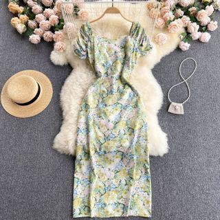 Square-neck Short-sleeve Slit Floral Dress Green - One Size