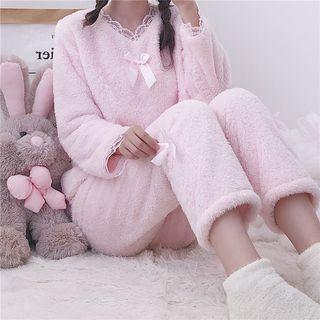 Lounge Set: Lace Panel Fleece Pullover + Pants Pink - One Size