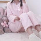 Lounge Set: Lace Panel Fleece Pullover + Pants Pink - One Size