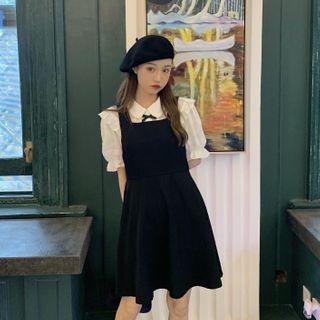 Plain Overall Dress + Ruffled Short-sleeve Shirt
