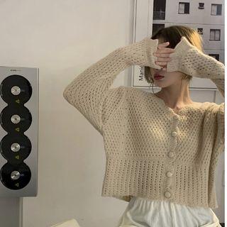 V-neck Pointelle Knit Cropped Cardigan