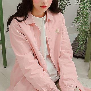 Clover-embroidered Scalloped Shirt Jacket Pink - One Size
