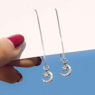 925 Sterling Silver Rhinestone Moon & Star Dangle Earring Silver - One Size