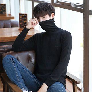 Turtleneck Long-sleeve Plaid Knit Top