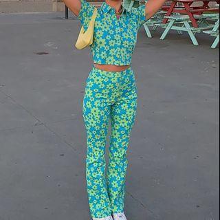 Set: Short-sleeve Floral Print Shirt + Boot-cut Pants