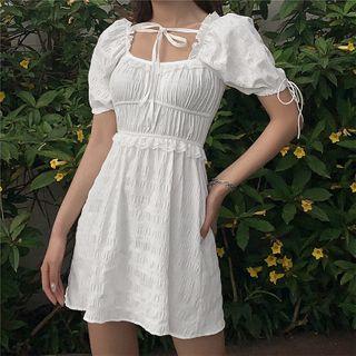 Puff-sleeve Square-neck Shirred Mini A-line Dress