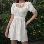 Puff-sleeve Square-neck Shirred Mini A-line Dress