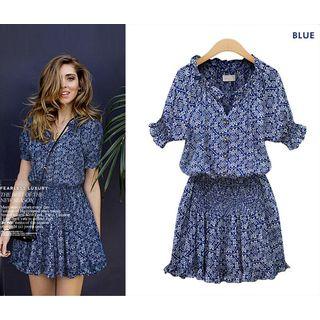 Frill Trim Short-sleeve Printed V-neck Dress
