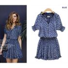Frill Trim Short-sleeve Printed V-neck Dress
