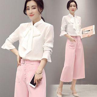 Set: Tie-neck Chiffon Blouse + Cropped Wide Leg Pants