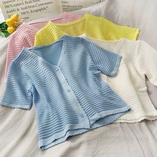 Eyelet Button-down Crop Knit Top