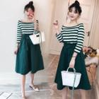 Set: 3/4-sleeve Striped T-shirt + A-line Midi Skirt