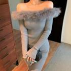 Long-sleeve Faux Fur Trim Midi Sheath Knit Dress