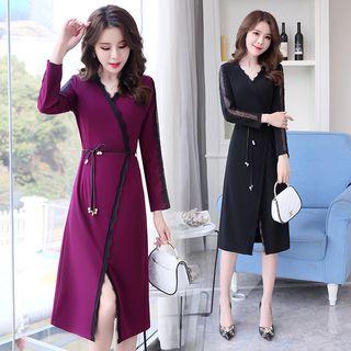 Long-sleeve Lace Panel Midi Wrap Dress