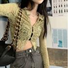 Long-sleeve Lace Cropped Blouse Green - One Size
