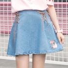 Fox Embroidered Lace-up Denim Skirt