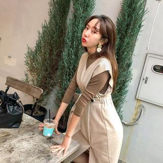 Set: Turtleneck Top + Houndstooth Vest + Midi Skirt Beige - One Size