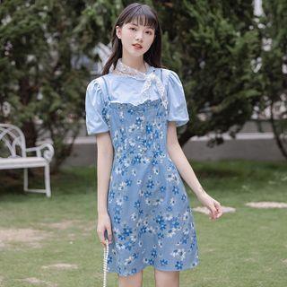 Spaghetti Strap Floral Print Denim Mini Dress