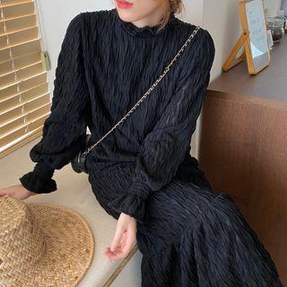 Bell-sleeve Plain Shirred Dress