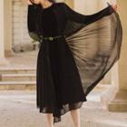 Long-sleeve Midi A-line Velvet Accordion Pleat Dress