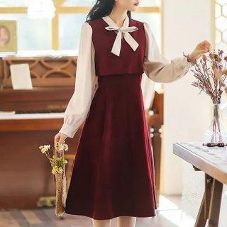 Mock Two-piece Long-sleeve Tie-neck Midi A-line Dress