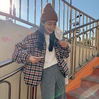 High-neck Plaid Zip Jacket Navy Blue - One Size