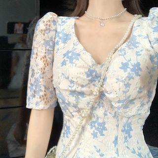 Short-sleeve Floral Perforated Dress