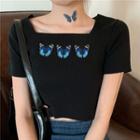 Short-sleeve Butterfly Embroidered Knit Top / Irregular Fitted Mini Denim Skirt
